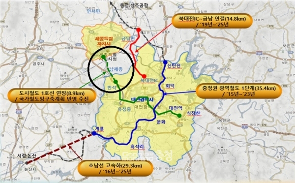 검정색 표시된 부분이 대전도시철도 1호선 세종시 연장 구간. 사진=대전시