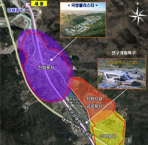 유성구 안산지구 안산첨단국방산업단지 조성계획. 대전도시철도공사 외삼차량기지의 북쪽으로 산업용지가, 주거용지는 차량기지 남쪽에 조성된다.