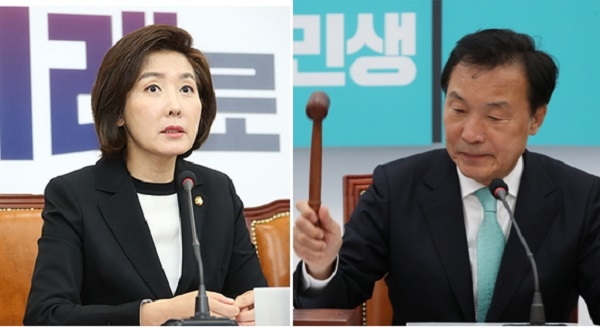 자유한국당 나경원 원내대표(왼쪽)와 바른미래당 손학규 대표