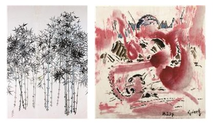 (왼쪽부터)이응노, 대나무, 1976, 한지에 수묵, 205.5x291.5cm/ 이응노, 동방견문록 시리즈, 1980, 한지에 수묵담채, 17x17cm