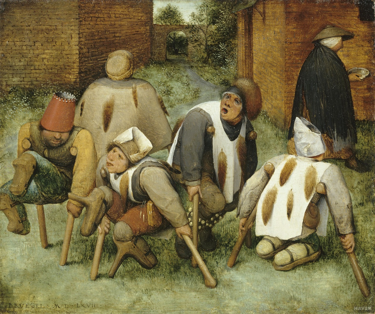 거지들 (Les Mendiants. 1568) 대 피테르 브뢰헬(Pieter Bruegel le Vieux).브뢰헬은 구걸하는 장애인들을 그림으로 남겼다. 고단한 그들의 삶이 여과없이 드러난다. 피테르 브뢰헬은  변복을 하고 남의 동네 잔칫집이나 상가에 끼어들어 눈에 잘 띄지 않는 구석자리를 차지하고 앉아서 몇 시간이고 사람들의 꾸밈없는 모습을 살펴보았다고 한다.