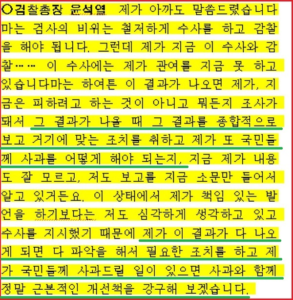 〈지난 대검찰청 국감 때 윤석열 검찰총장이 답변한 발언의 속기록〉