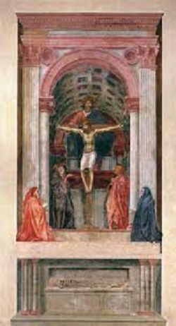 성 삼위일체(1424-1427) 피렌체의 화가 마사초(Masaccio, 1401-1428)는 산타 마리아 노벨라 성당에 그린 프레스코화 성삼위일체에서 원근법을 도입하였다. 당시 사람들은 이 그림이 ‘벽을 뚫고 그린 그림 같았다’고 놀라워 했다. 마사초는 ‘원근법을 사용한 가상 공간을 창출, 회화의 장을 새롭게 열었다’고 평가받는다. 각 층위의 공간 깊이가 달리 느껴지는 것은 성부의 머리 위쪽에 모든 선들이 하나로 연결되는 소실점이 위치하기 때문이다. 이후 선 원근법은 다양한 화가들에 의해 더욱 발전되어 화면 안에 무한한 공간을 만들어 냈다. 당시의 원근법은 새롭고 놀라운 기술이자 신지식이었다.