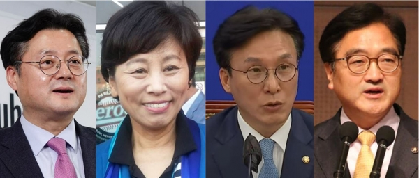 오는 26일 열릴 더불어민주당 원내대표 보궐선거에 출마하는 후보들. 좌측부터 홍익표 의원, 남인순 의원, 김민석 의원, 우원식 의원이다.