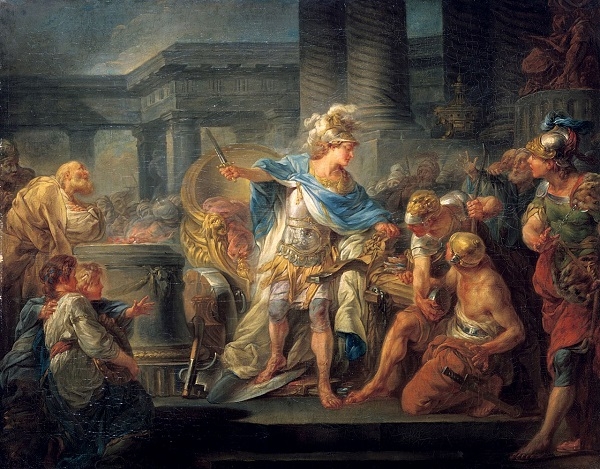 알렉산드로스 대왕이 칼로 잘랐다고 하는 전설 속의 매듭을 그린 '알렉산드로스가 고르디우스의 매듭을 자르다'(화가 '베르텔레미' 작품)/굿모닝충청 정문영 기자