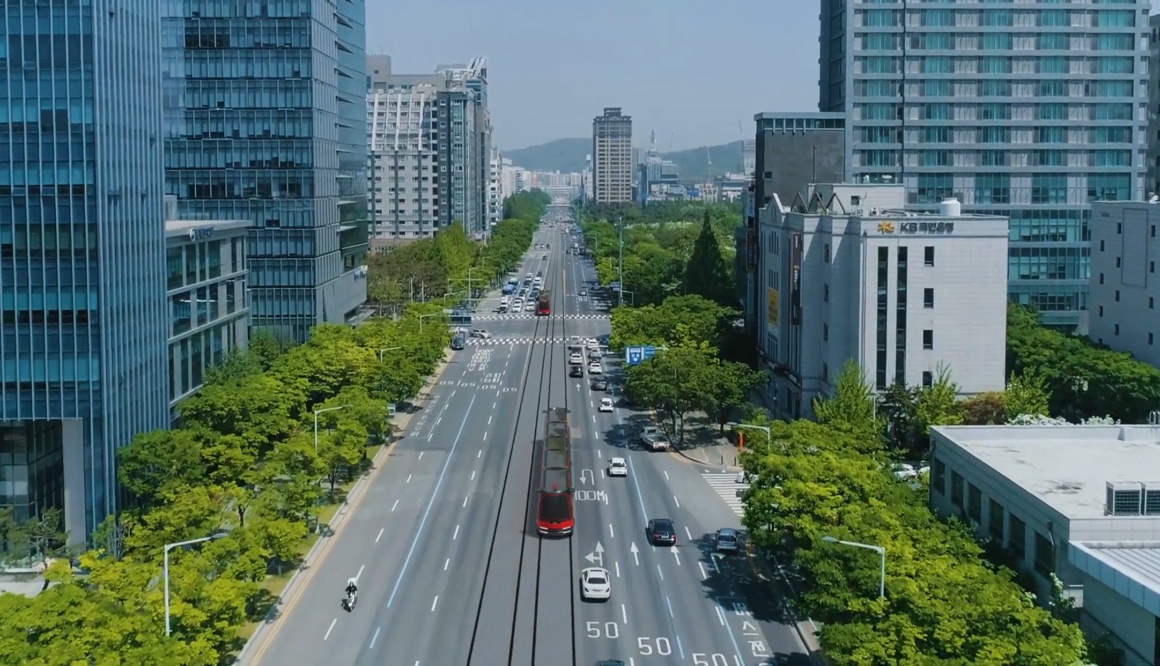 사진=대전시 트램 홍보 영상 캡쳐. 대전 도심 속 도로의 트램 운행 가상 모습