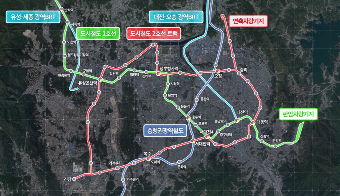 사진=대전시 트램 홍보 영상 캡쳐. 대전 도시철도 2호선 트램의 확정 노선도(빨간선)
