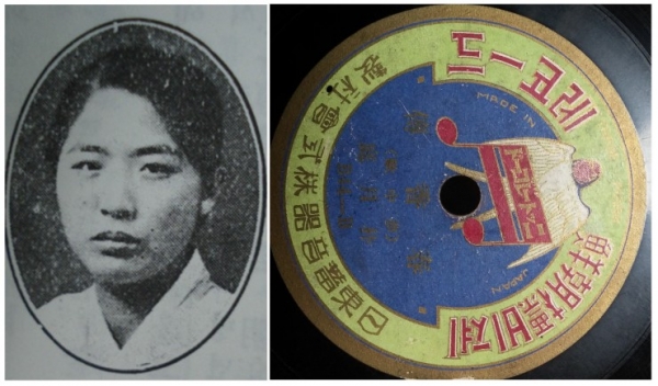 박월정(왼쪽) 서도 명창과 1925년 녹음한 박월정의 춘향가 ‘몽중가’ 음반( 일동 레코드). 경서도소리포럼 제공