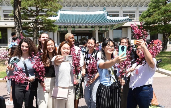 74년만에 일반에 개방된 청와대는 10일 74인의 국민 대표단이 매화꽃나무 묶음을 들고 입장해 눈길을 끈 가운데, 신비로우면서도 일본 무속의 냄새가 난다는 반응이 나왔다./굿모닝충청 정문영 기자