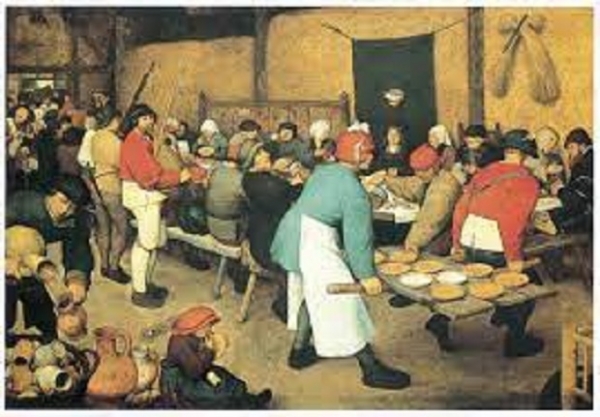 피터 브뤼헐 농부의 결혼(1567년)중세 유럽 농민들의 결혼식. 가난하고 부족한 삶이지만, 이날 만은 동네에서 배를 굶는 사람이 없는 아주 ’기대되는 날‘이었다. 이 그림은 결혼식 피로연을 그린 것으로 많은 사람들이 등장하지만 별로 말이 없고, 열심히 먹기만 한다.
